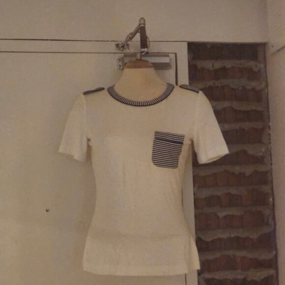 St. John Yellow Label Pull over top White Dark Striped Plaque Size S Small - Picture 1 of 9